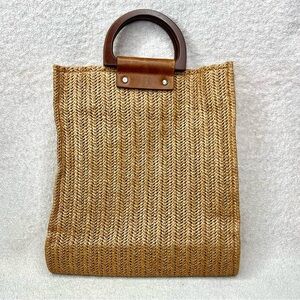 Most Wanted Woven Straw Tote Bag with Wooden Handles Brown Beach Vacation Resort